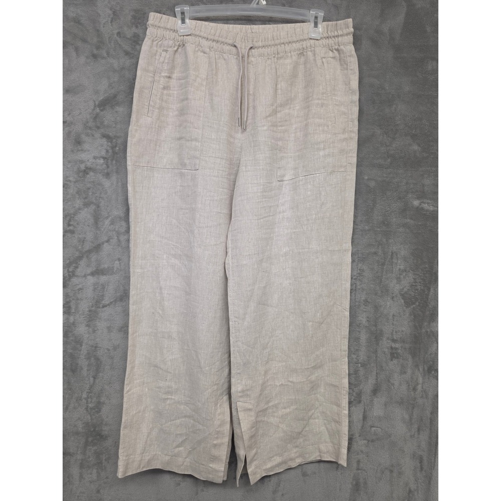 Athleta Womens XL Linen Wide Leg Drawstring Pants Oatmeal Beige Casual Split Leg